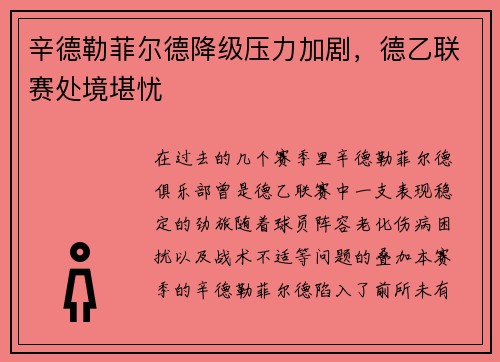 辛德勒菲尔德降级压力加剧，德乙联赛处境堪忧
