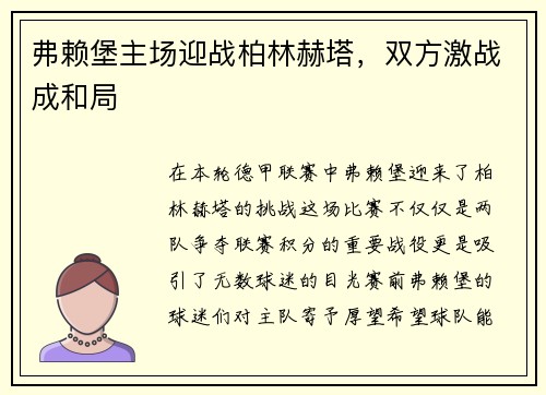 弗赖堡主场迎战柏林赫塔，双方激战成和局